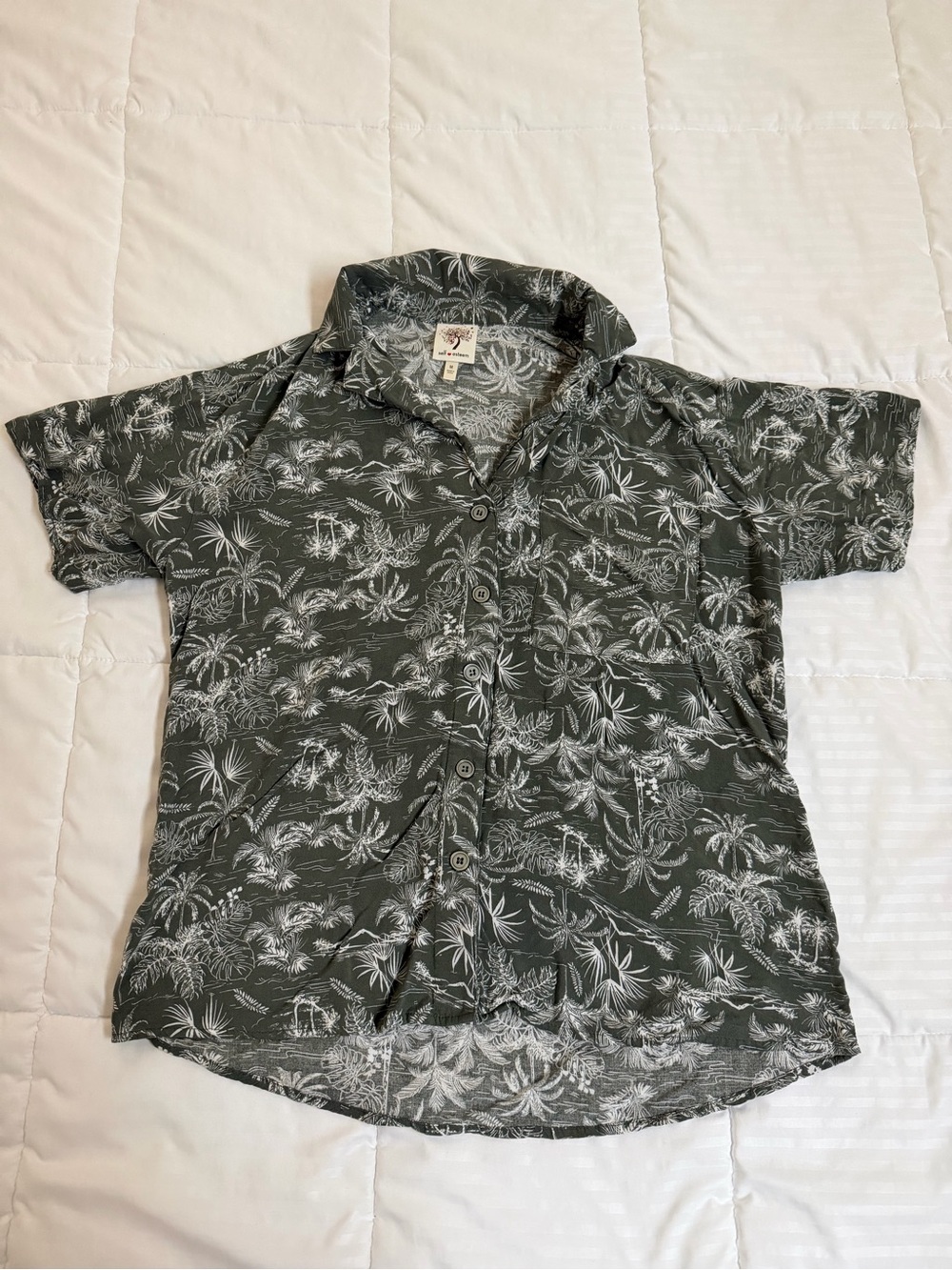 Self Esteem Olive Green Tropical Print Button-Down Shirt